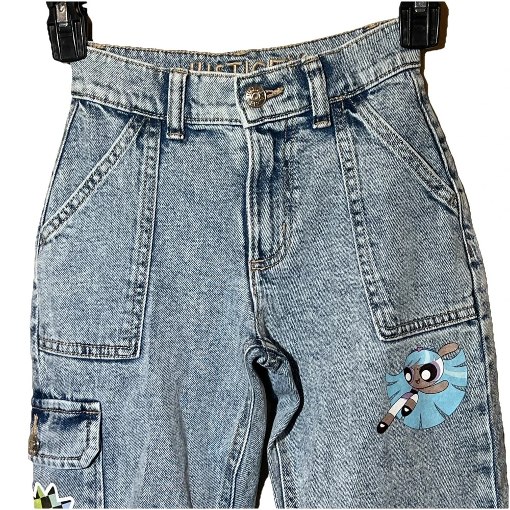 The Powerpuff Girls Justice Jeans Girls Sz 7 Easy Fit Acid‎ Wash Mom Cargo EUC
